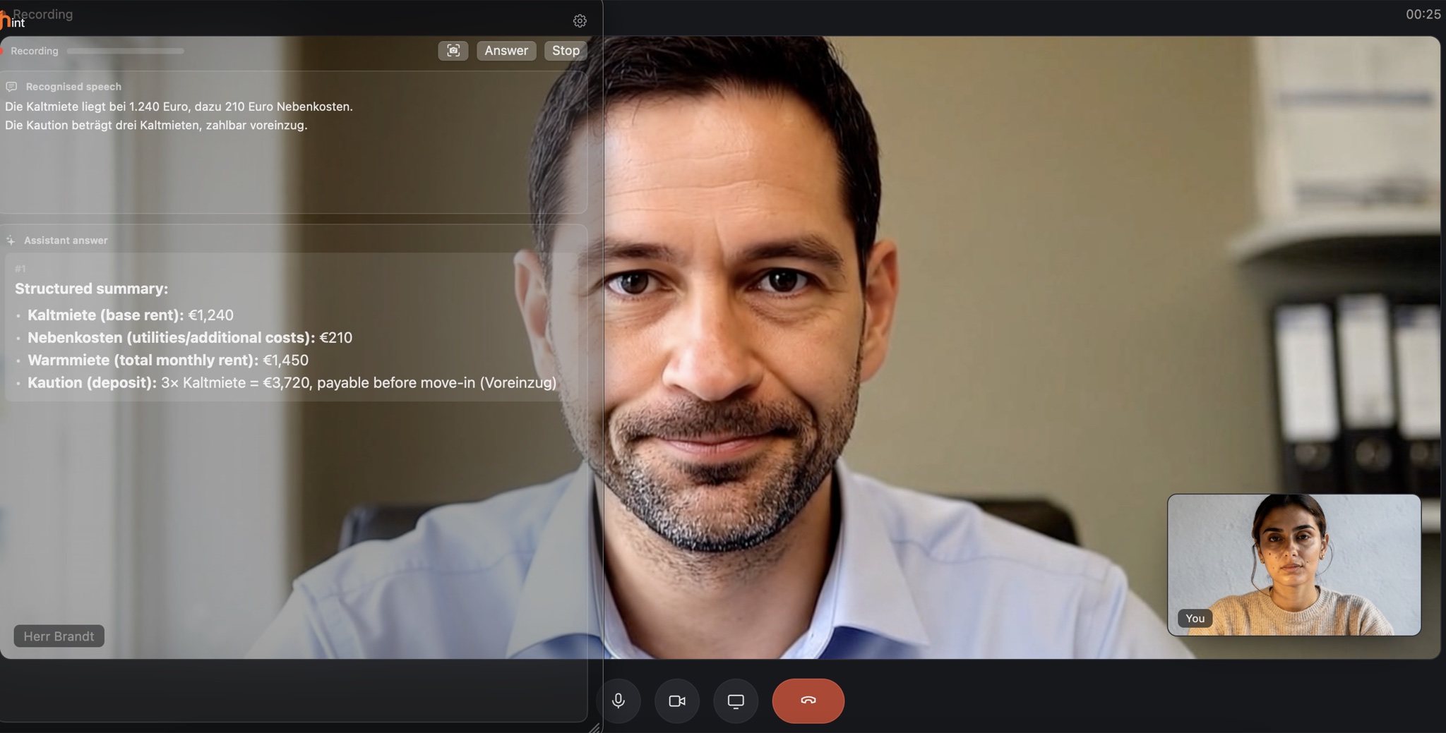 The jhint window on top of a live video call: what the other side just said in the transcript, and the answer built from the attached document underneath it.