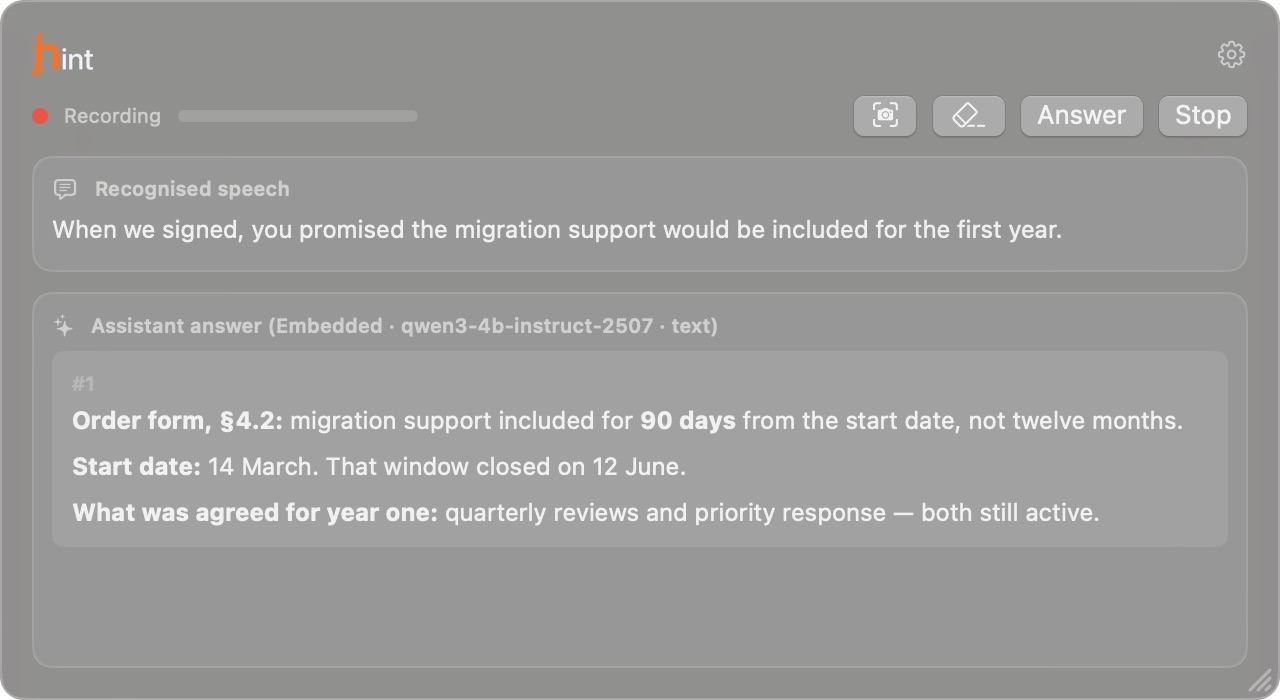 A customer's claim about what was promised in the transcript, and the clause from the attached contract in the answer.