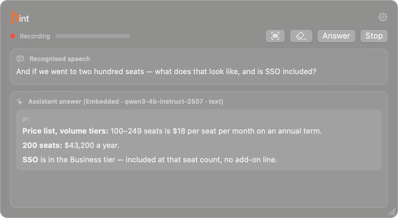 A pricing question in the transcript and the volume tiers from the attached price list in the answer.