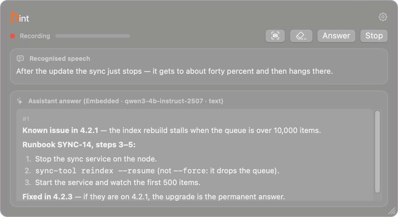 The customer's symptom in the transcript and the matching runbook procedure in the answer, with the version it applies to.
