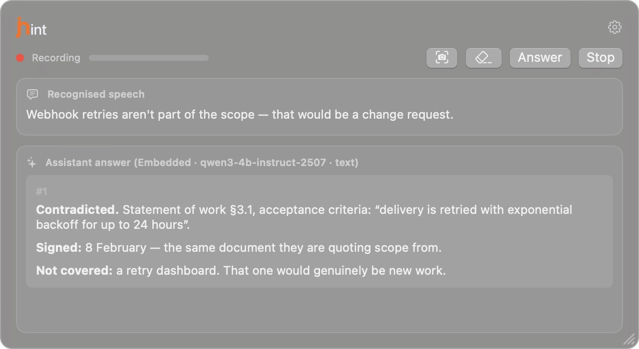 A contractor's claim in the transcript and the matching clause of the statement of work in the answer.