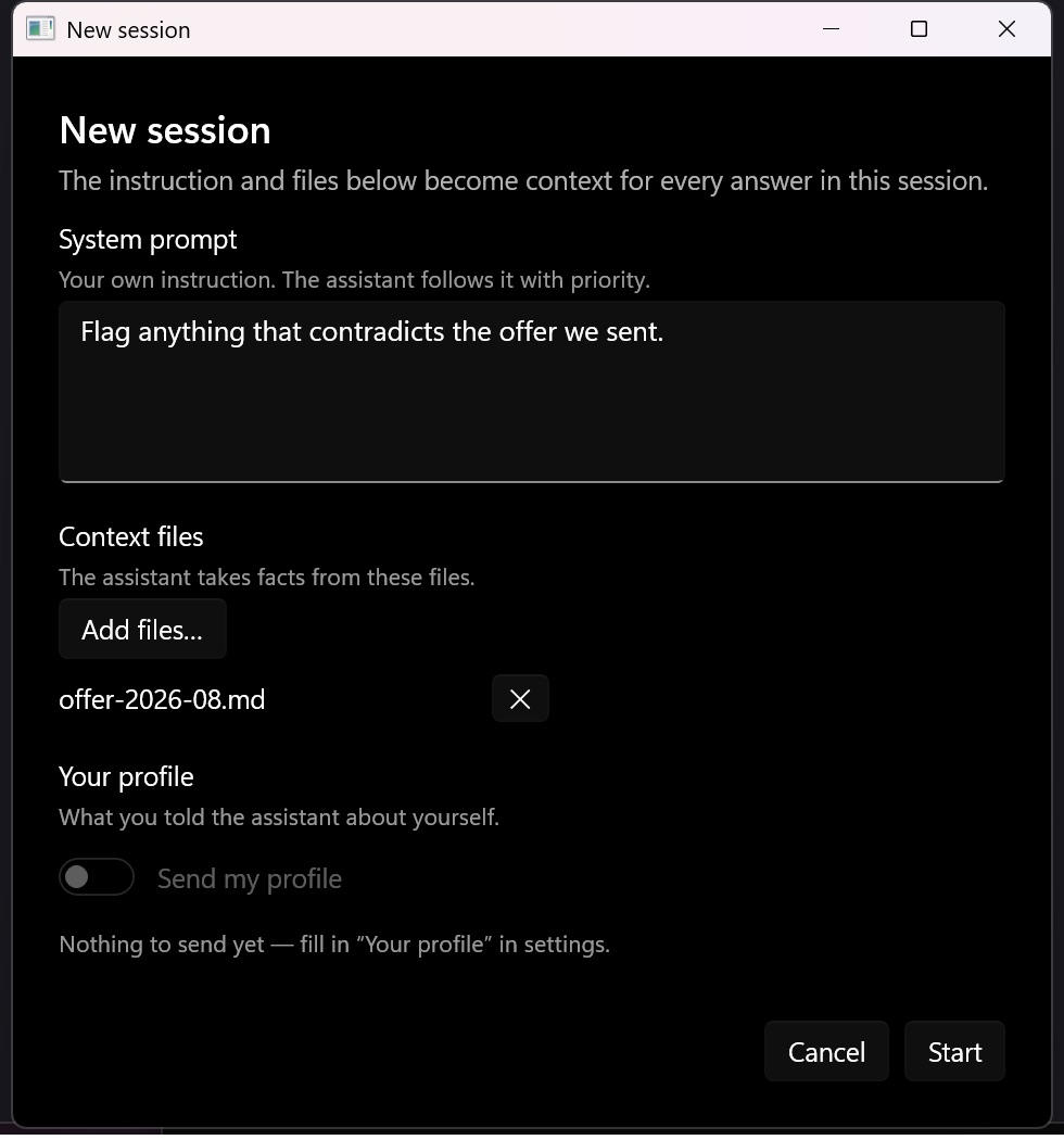 The New session dialog: speech language German, answer language English, an instruction and one attached file.
