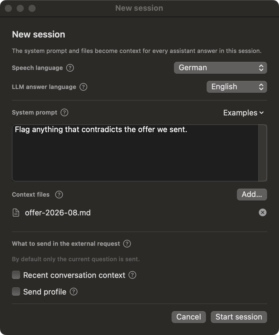 The New session dialog: speech language German, answer language English, an instruction and one attached file.