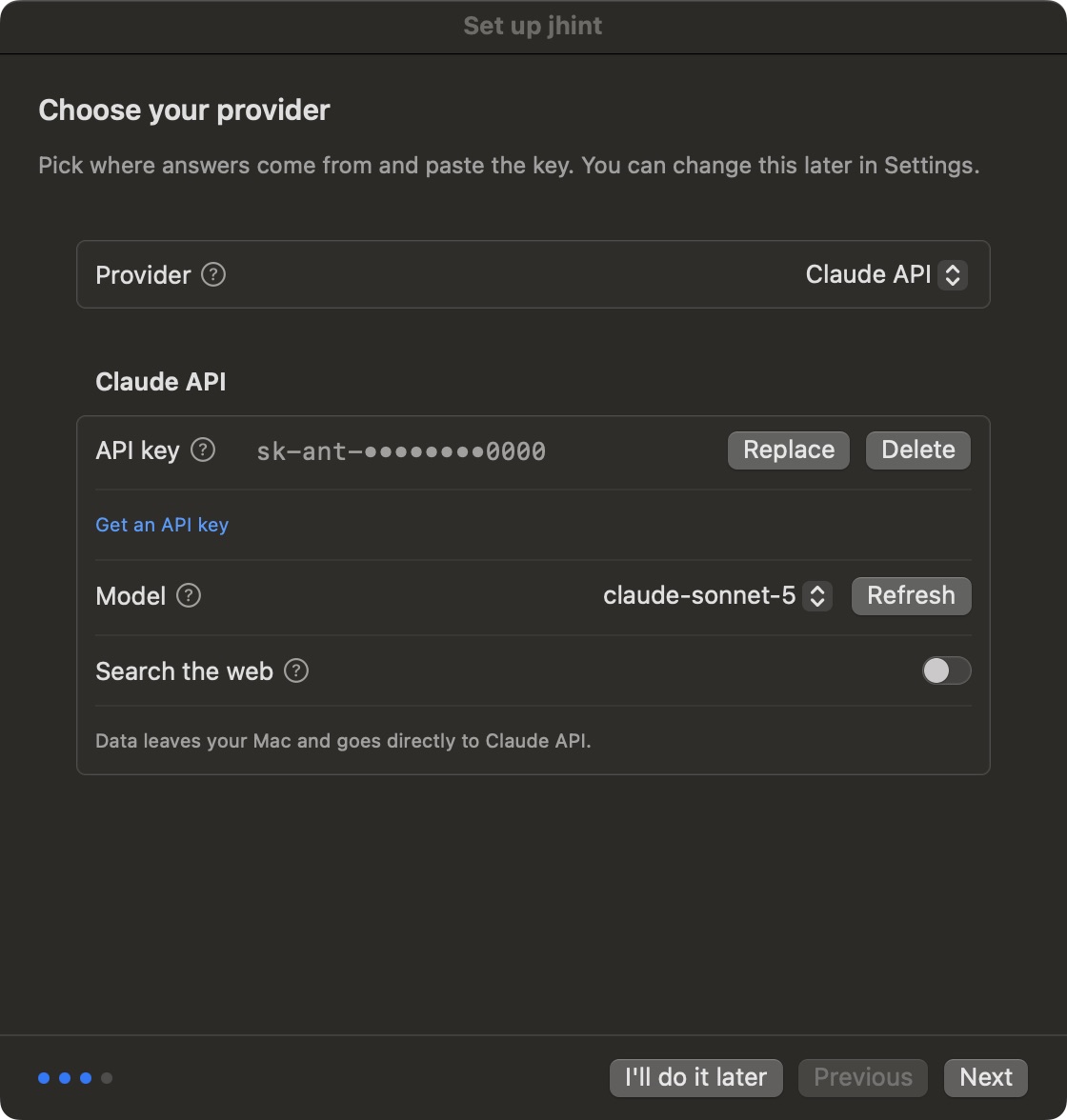 Setup step: Choose your provider, with the key field.