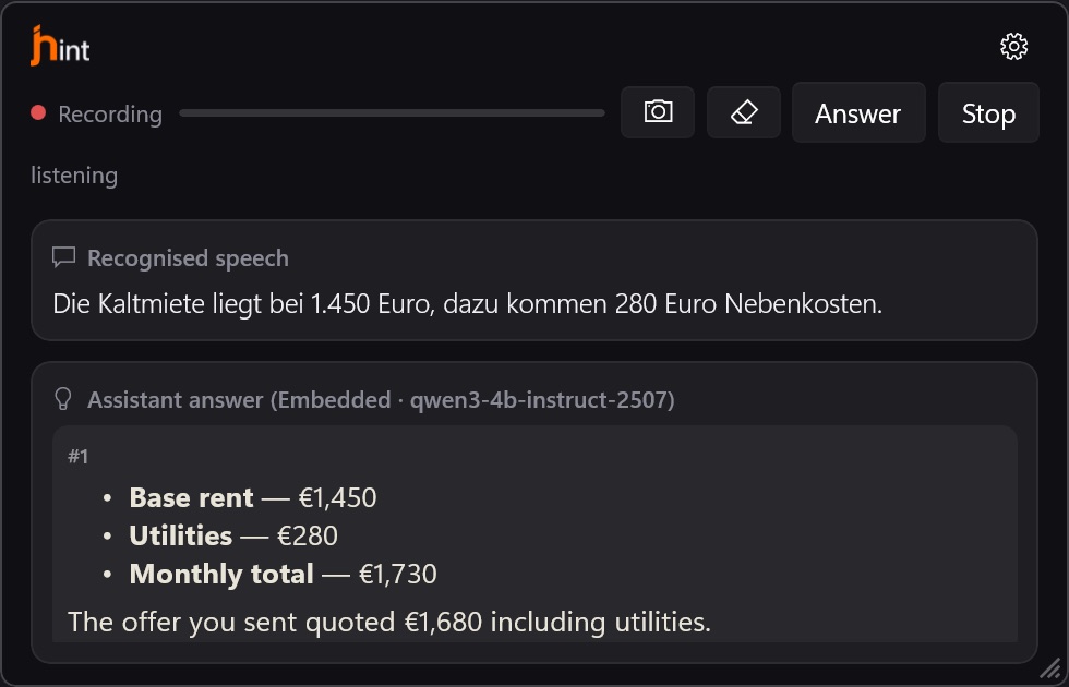 The window with an answer: the recognised German speech above, the English answer below, broken into a list.