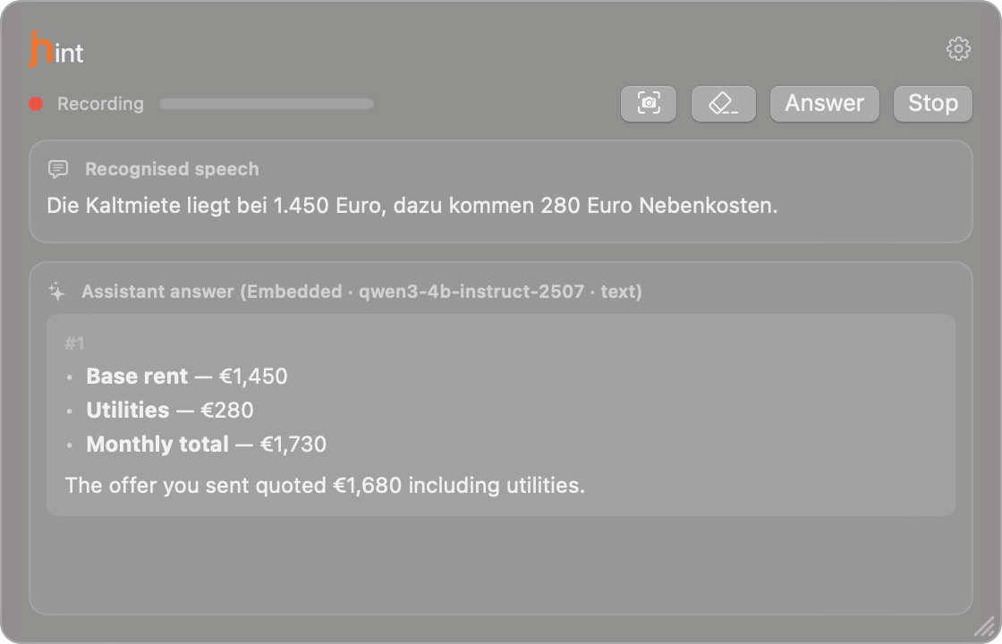 The window with an answer: the recognised German speech above, the English answer below, broken into a list.