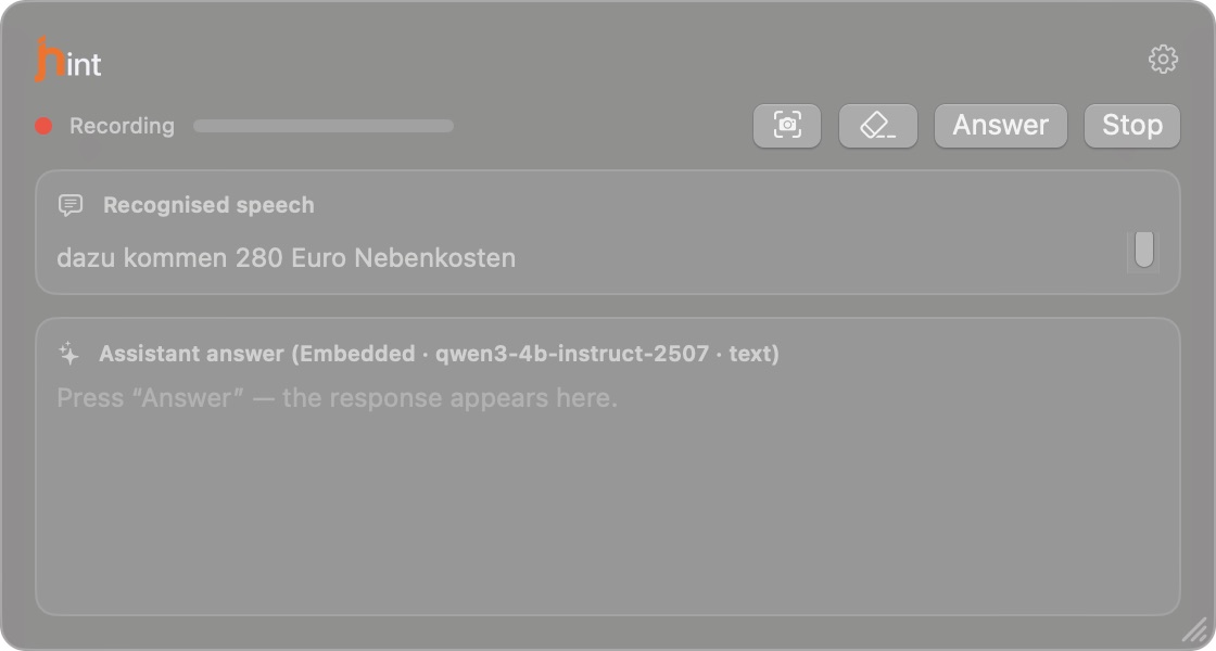 The window during speech: a recognised sentence above and the phrase being spoken in grey.
