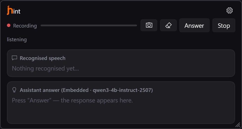 The jhint window at the start of a session: Recording, an empty transcript, and an empty answer panel.