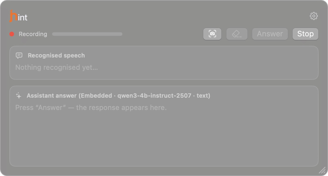 The jhint window at the start of a session: Recording, an empty transcript, and an empty answer panel.