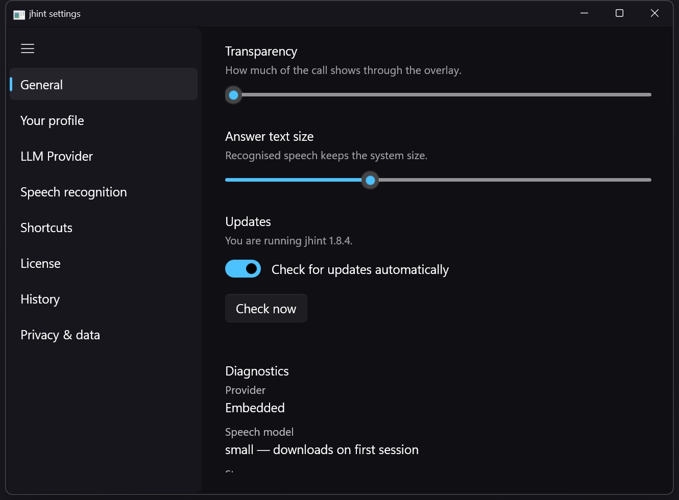 The General tab in jhint Settings: overlay transparency and answer text size.