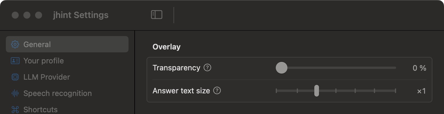 The General tab in jhint Settings: overlay transparency and answer text size.