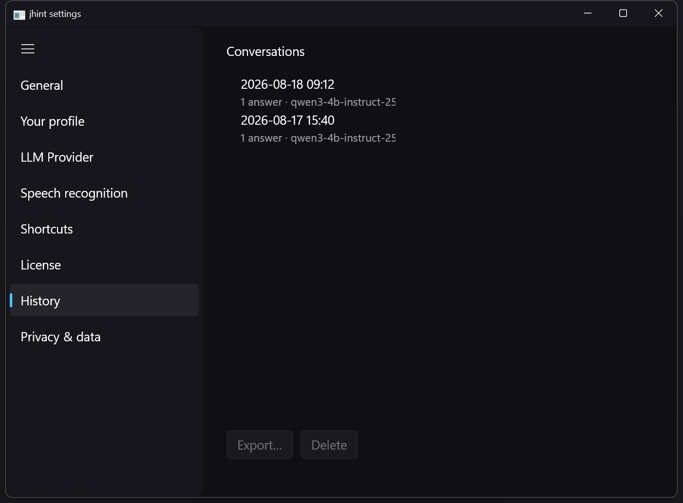 The History tab in Settings: two stored conversations with date, duration, question count, provider and model.