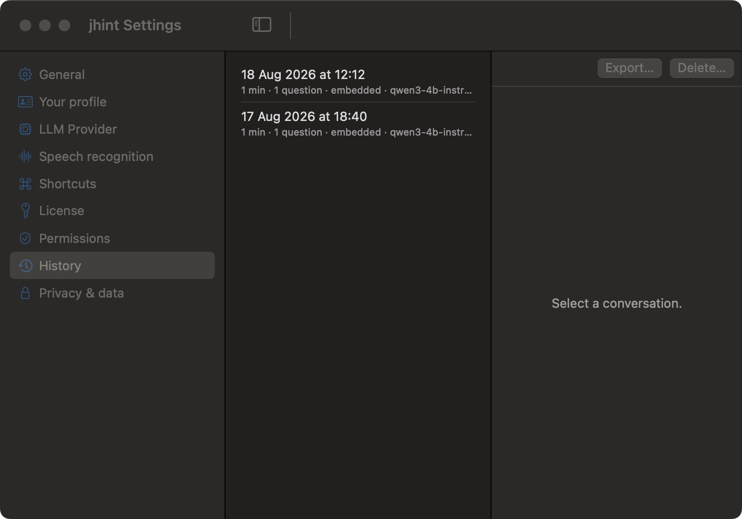 The History tab in Settings: two stored conversations with date, duration, question count, provider and model.