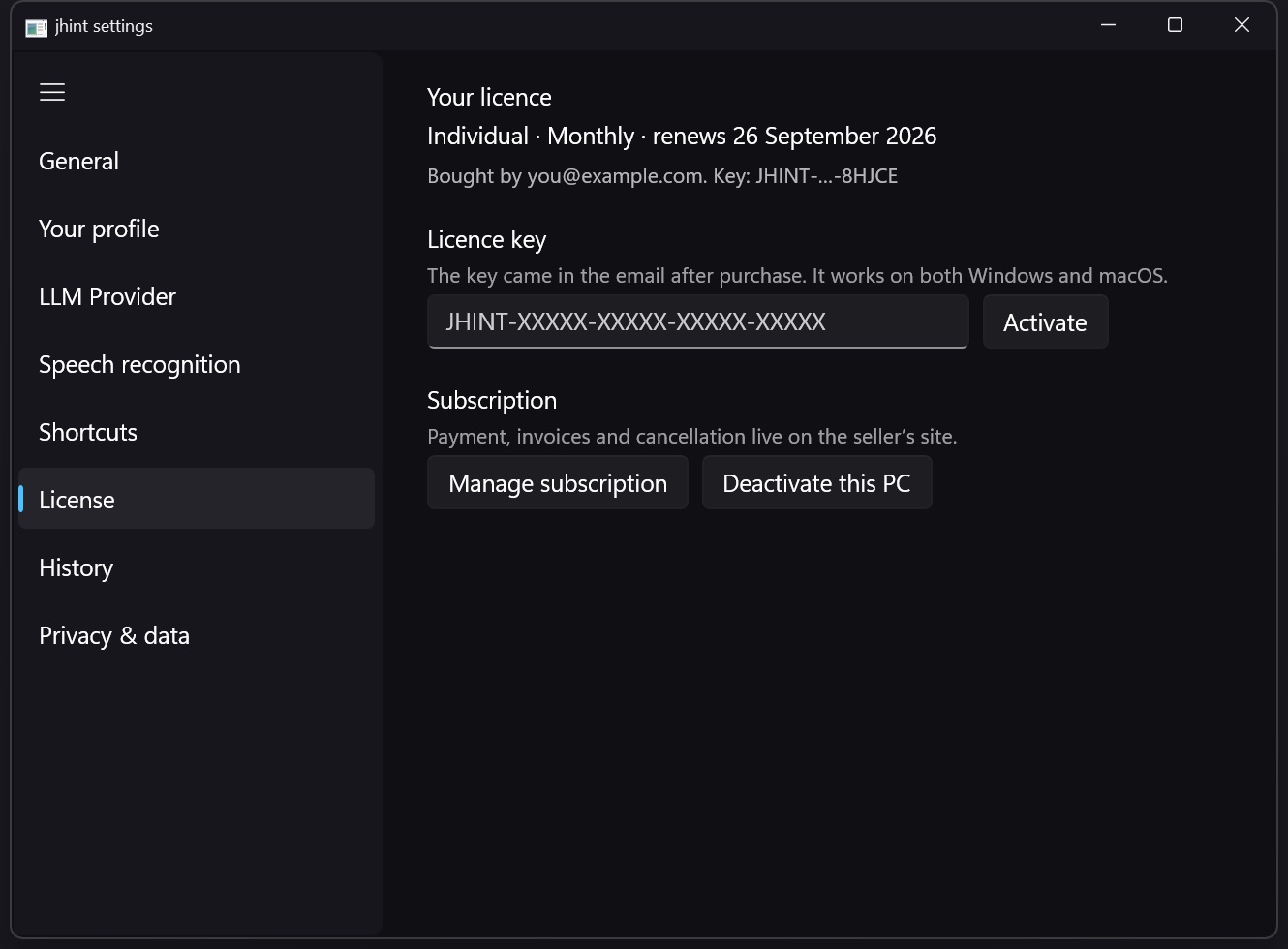 The License tab: an active Individual · Monthly subscription with its renewal date, key, email, and the Change plan, Manage subscription and Deactivate buttons.