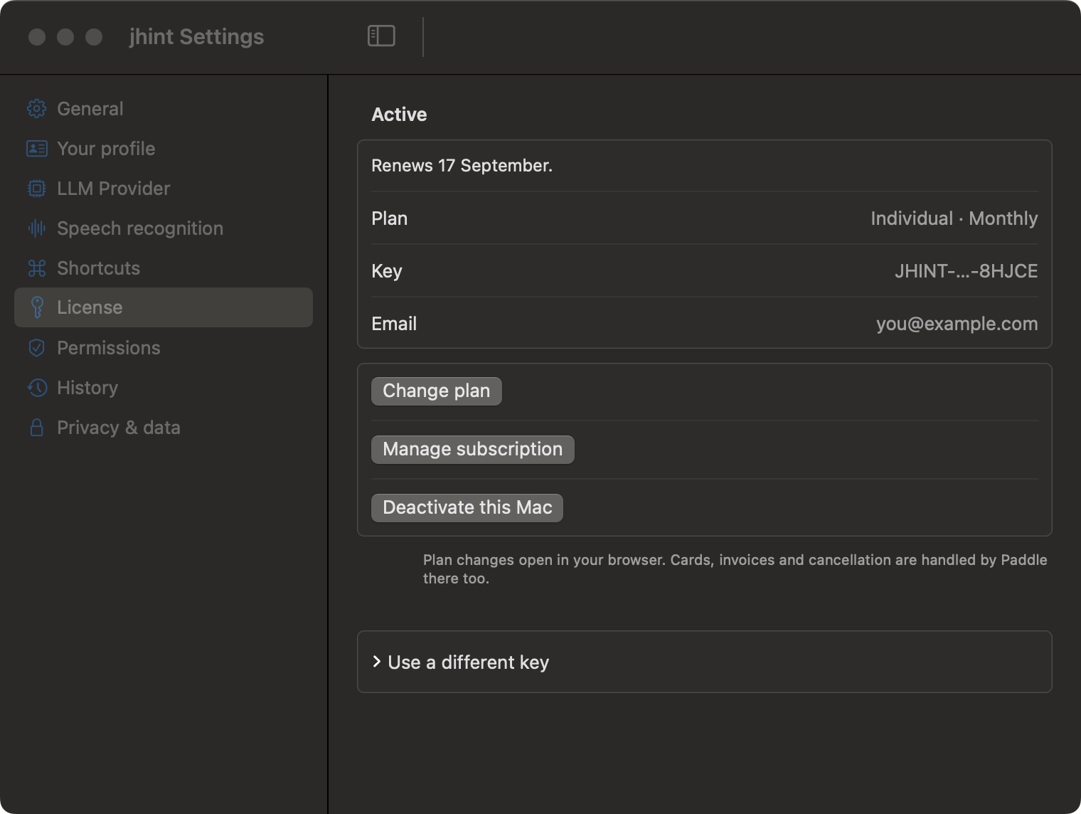 The License tab: an active Individual · Monthly subscription with its renewal date, key, email, and the Change plan, Manage subscription and Deactivate buttons.