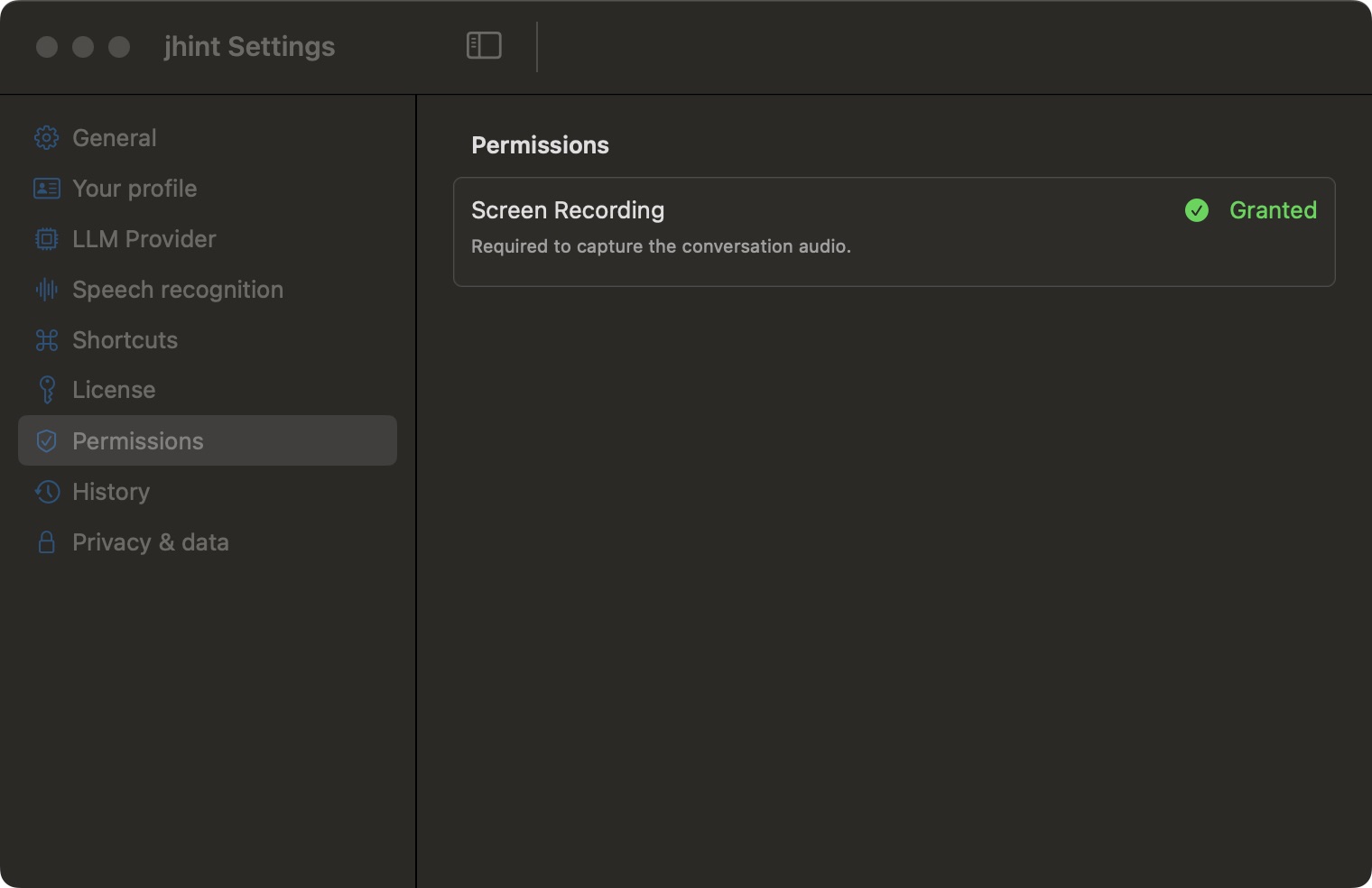 The Permissions tab: Screen Recording with its state and the reason it is needed.