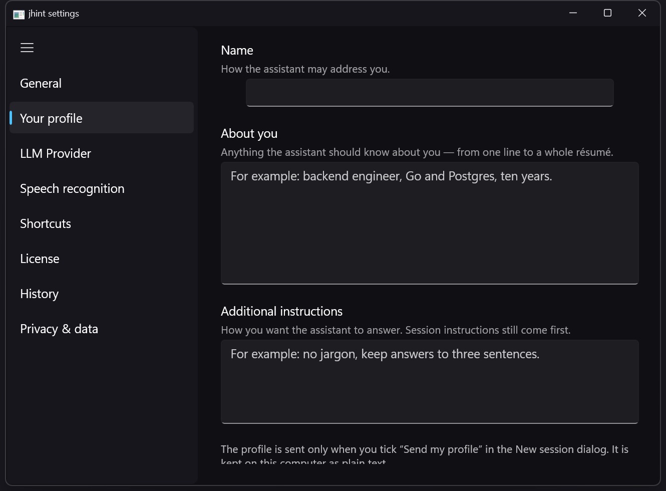 The Your profile tab: name, About you, and Additional instructions.