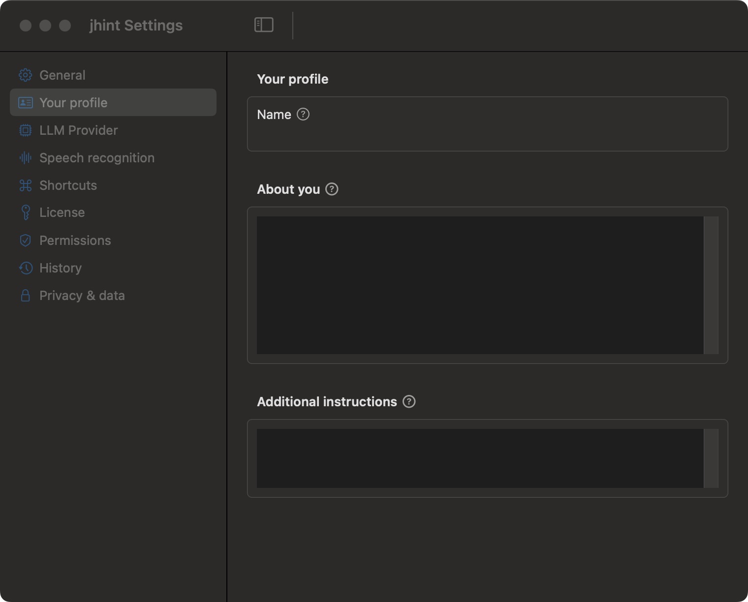 The Your profile tab: name, About you, and Additional instructions.