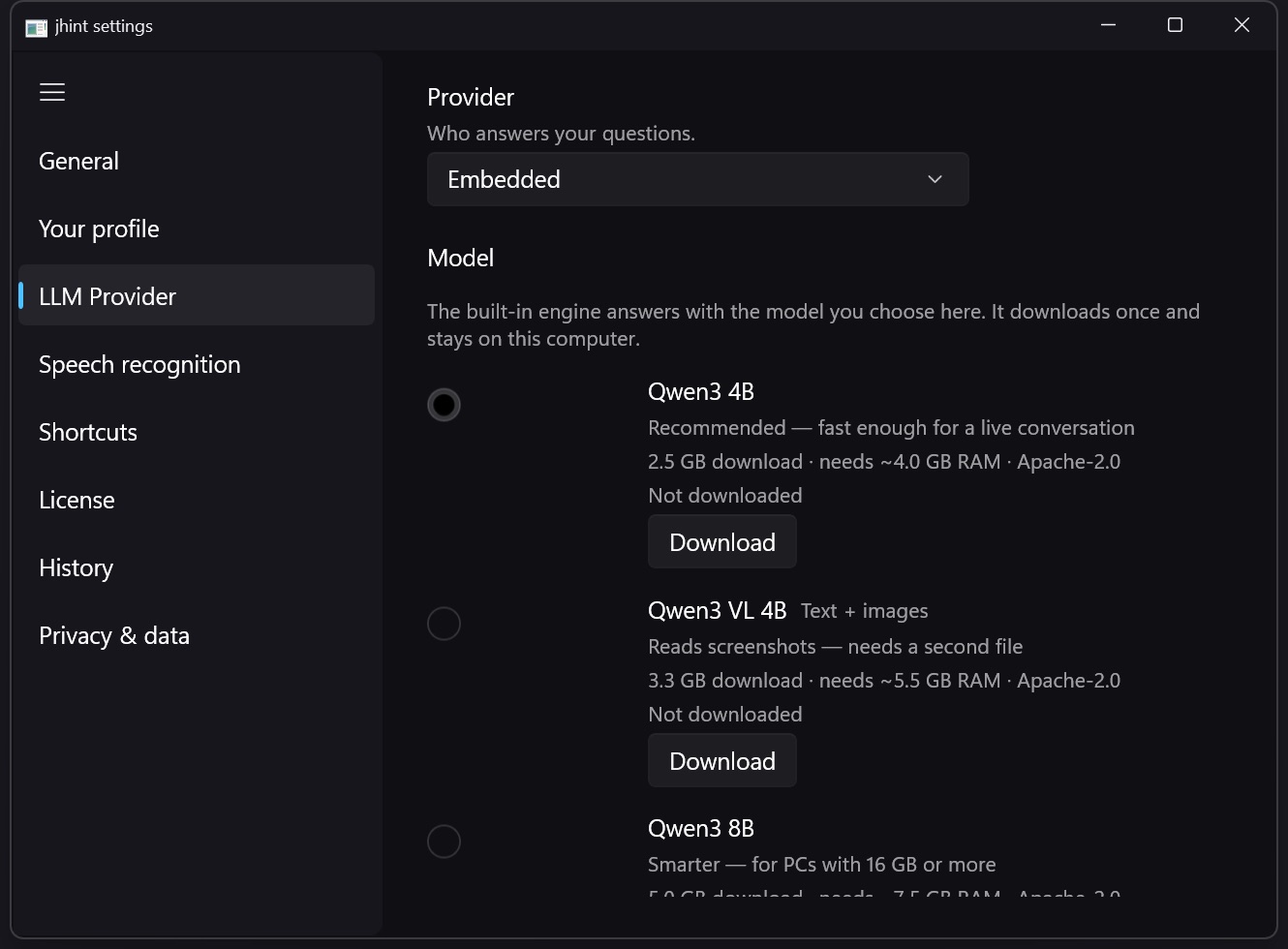 The LLM Provider tab with Embedded selected: three models with size, memory and licence.