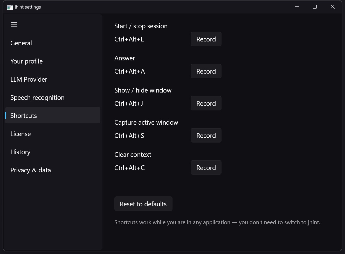The Shortcuts tab: start/stop session, answer, show/hide, capture window, clear context.