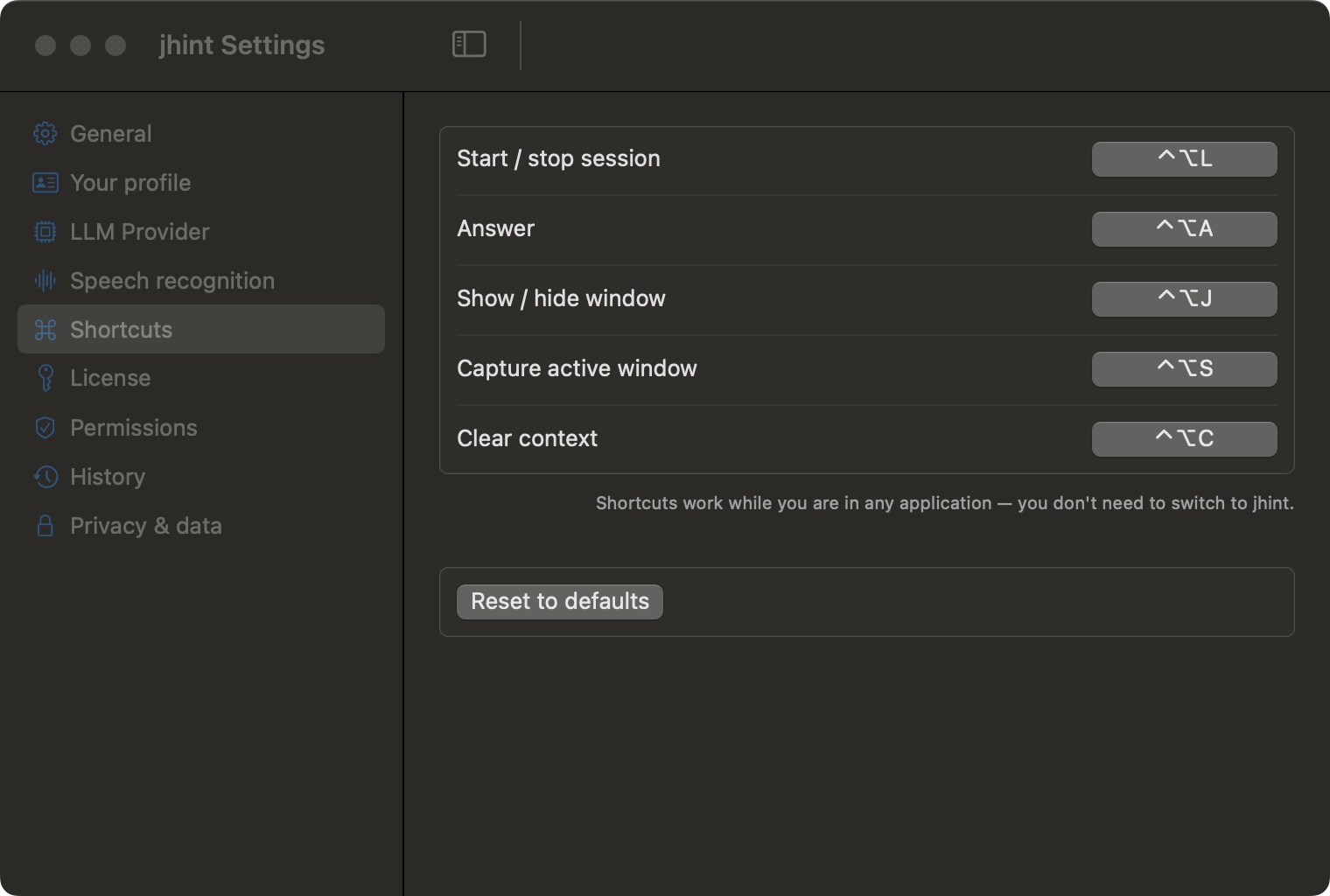 The Shortcuts tab: start/stop session, answer, show/hide, capture window, clear context.