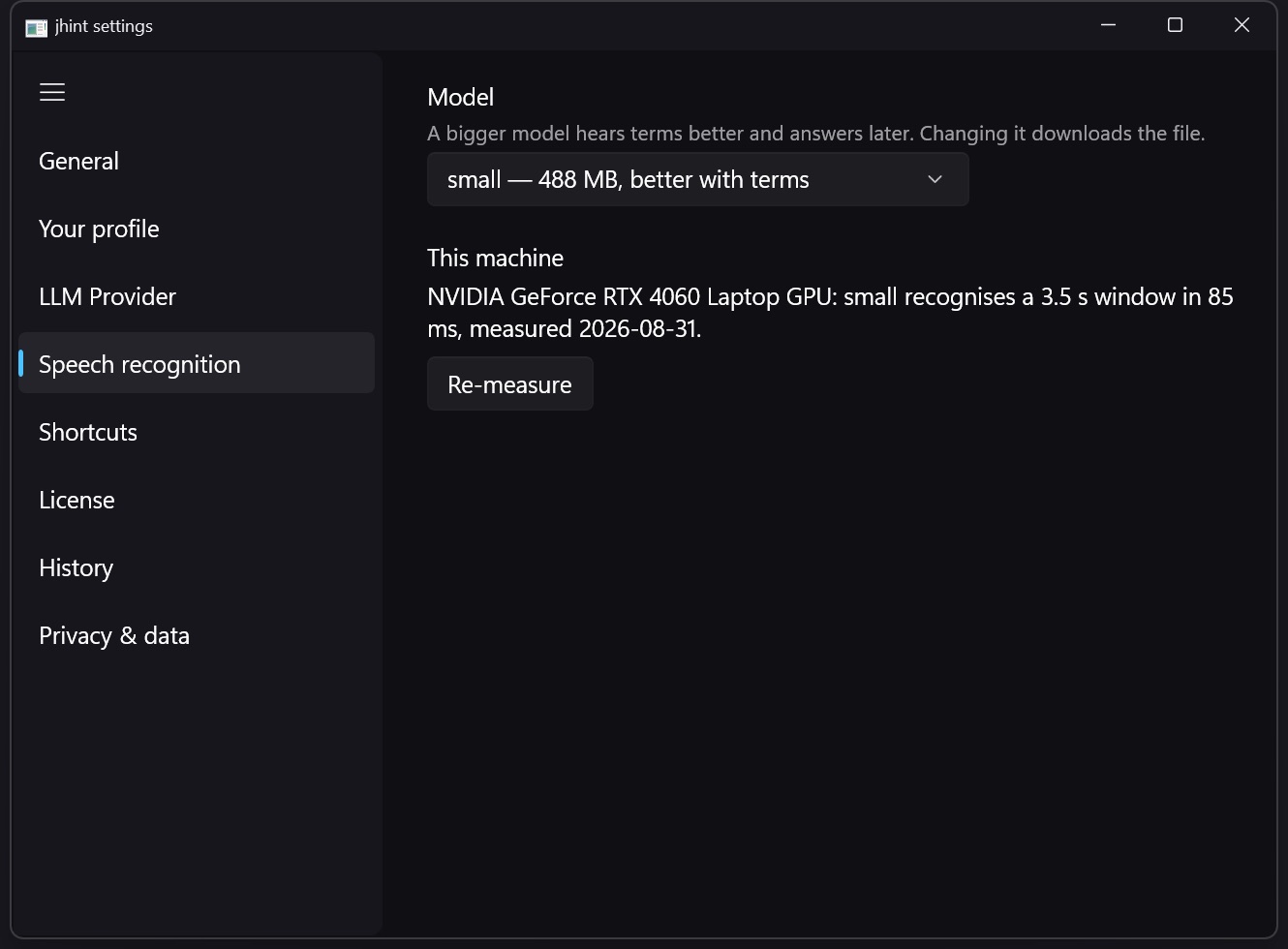 The Speech recognition tab: the model picker with size and state, and the Prepare now button.