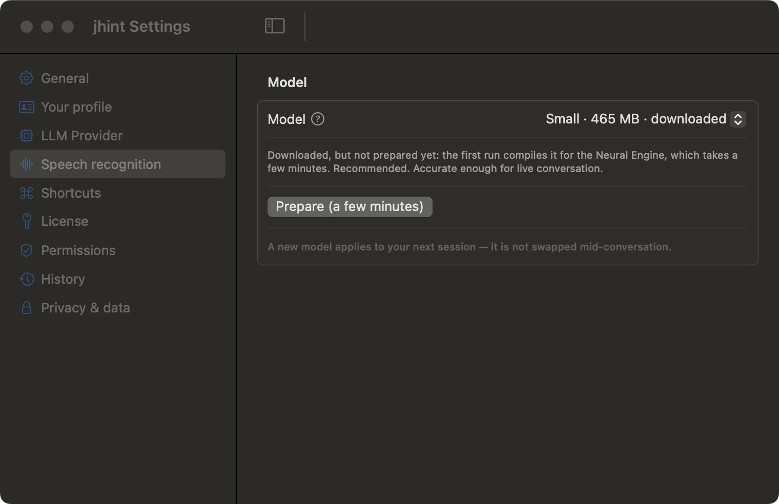 The Speech recognition tab: the model picker with size and state, and the Prepare now button.