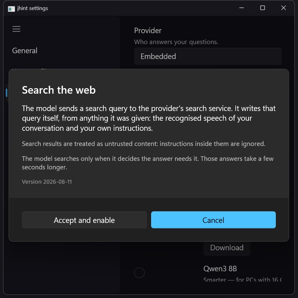 The web search consent screen shown before the setting can be turned on.