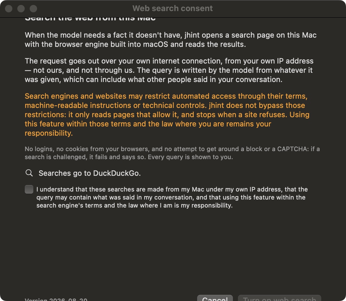 The web search consent screen shown before the setting can be turned on.