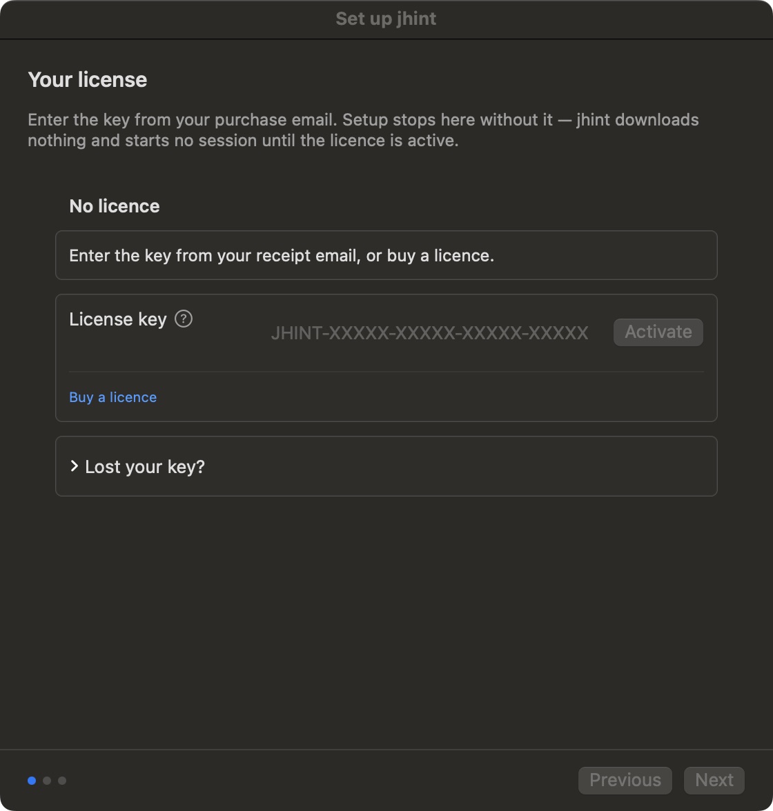 Setup step: Your license, with the key field and the Activate button.