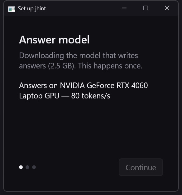 Setup step: How should jhint answer, with the built-in model selected and its download size.