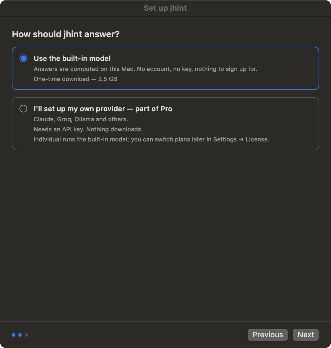 Setup step: How should jhint answer, with the built-in model selected and its one-time download size, and a second option for setting up your own provider.