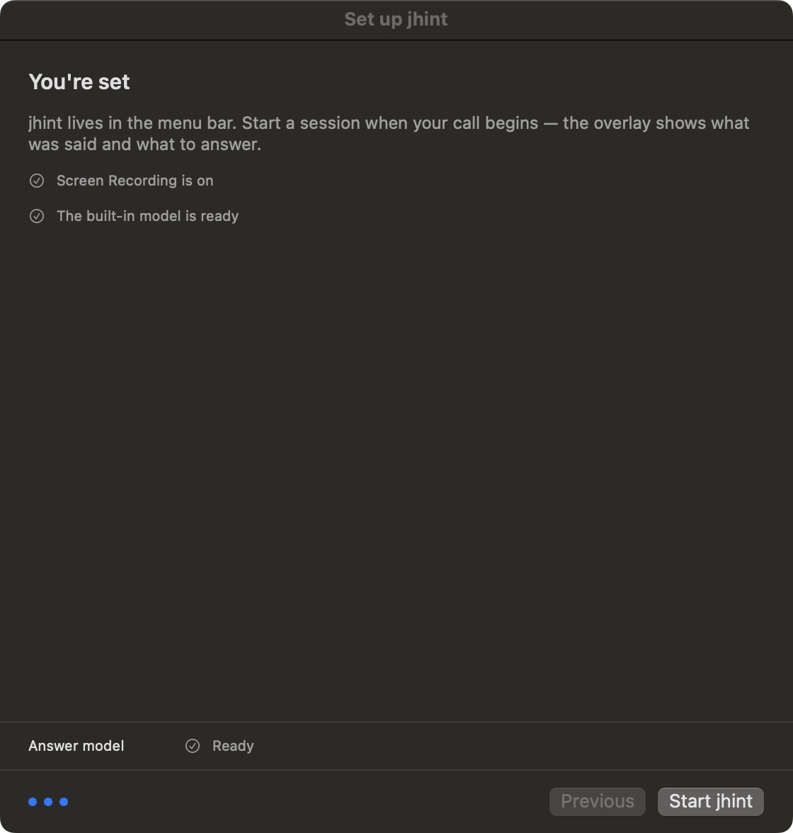 The last setup step: You're set, listing Screen Recording on and the built-in model ready, with the Start jhint button.
