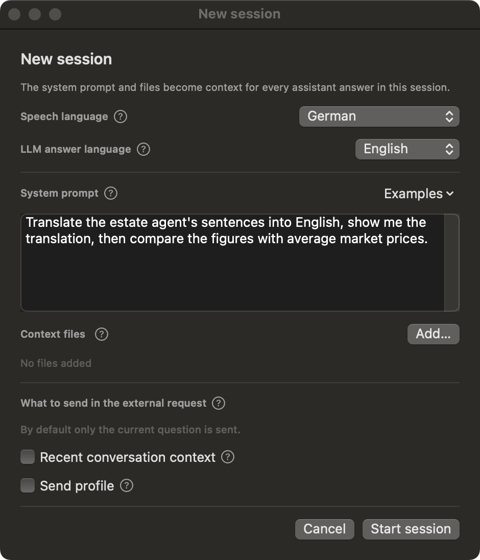 The New session dialog: speech language German, answer language English, and an instruction to translate the estate agent's sentences and compare the figures with average market prices.
