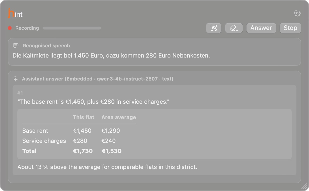 The jhint window during a call: the recognised German sentence about rent, its English translation, and a table comparing the base rent, service charges and total with the area average.