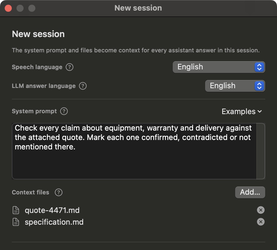 The New session dialog: the quote and specification attached, with an instruction to mark each claim confirmed, contradicted or not mentioned.