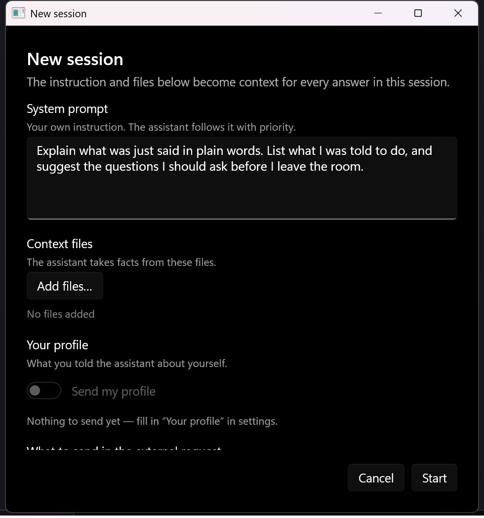 The New session dialog: the built-in model selected and an instruction to explain in plain words and suggest questions to ask.
