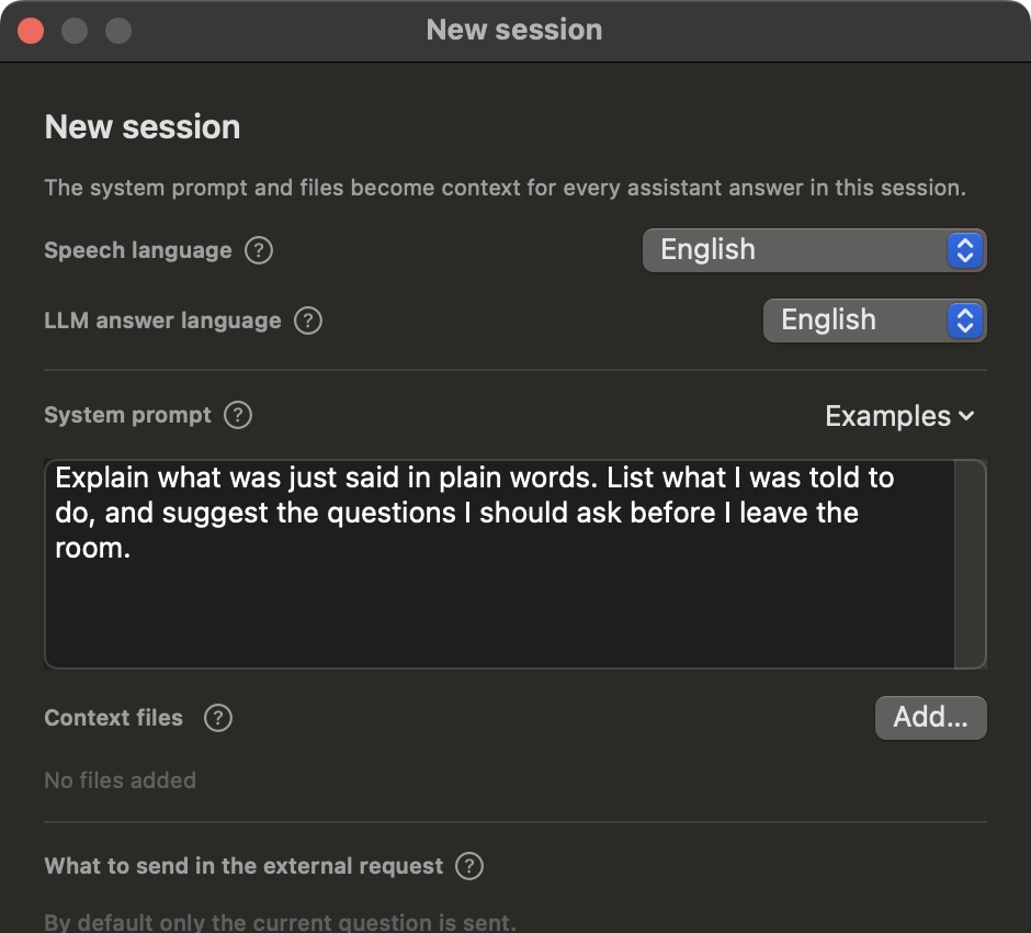 The New session dialog: the built-in model selected and an instruction to explain in plain words and suggest questions to ask.