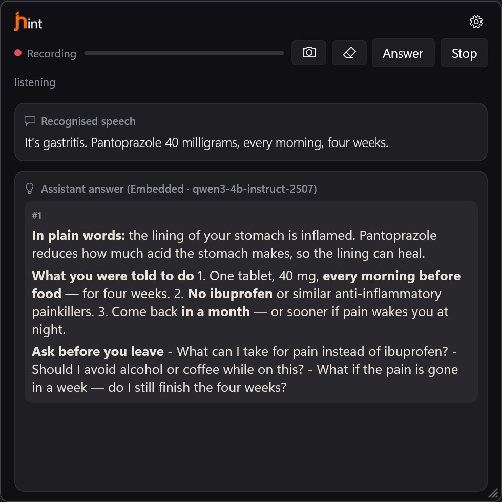 The jhint window during an appointment: the clinician's sentence explained in plain words, with what to do next and two questions to ask before leaving.