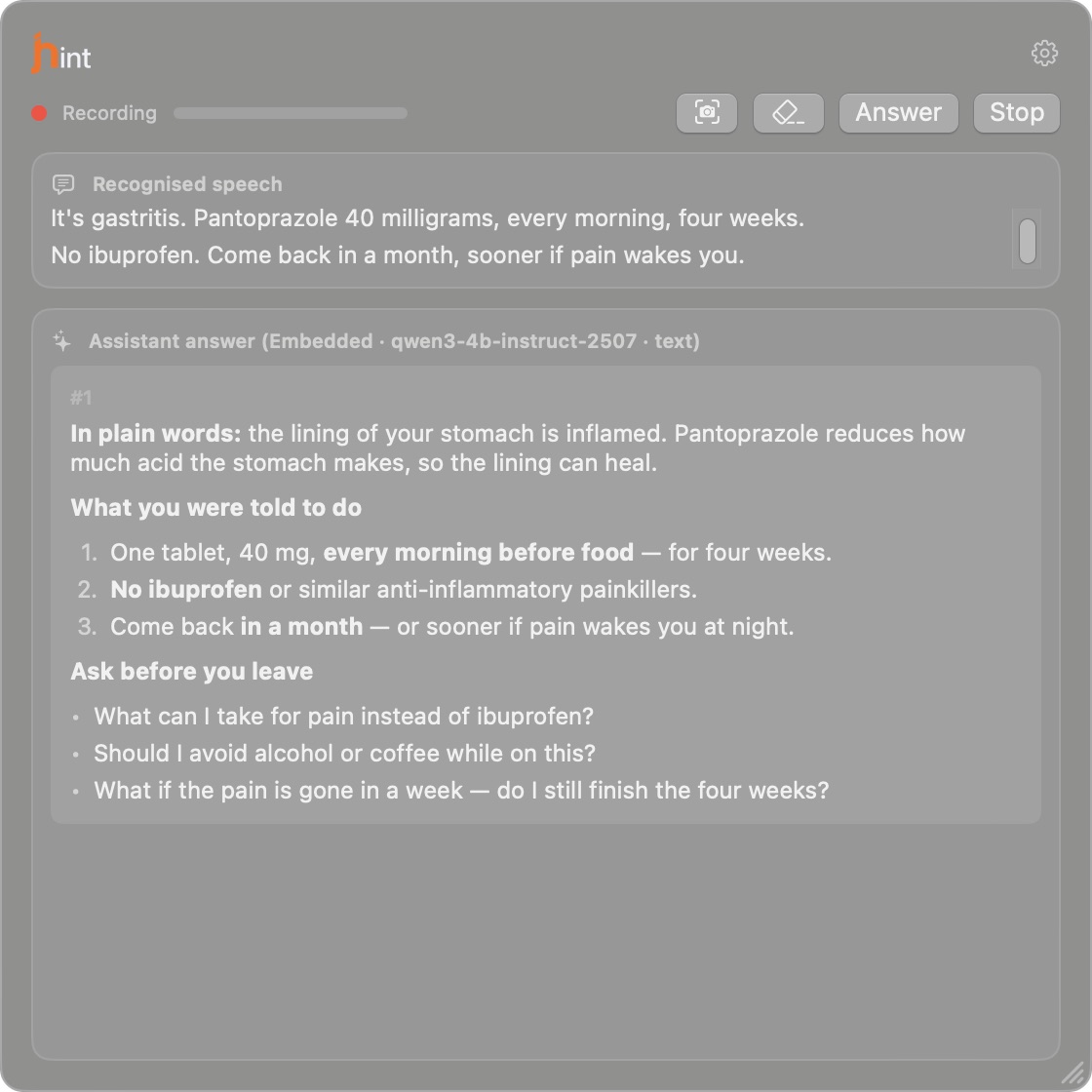 The jhint window during an appointment: the diagnosis and the prescription as the clinician said them, explained in plain words, with a numbered list of what to do and three questions to ask before leaving.