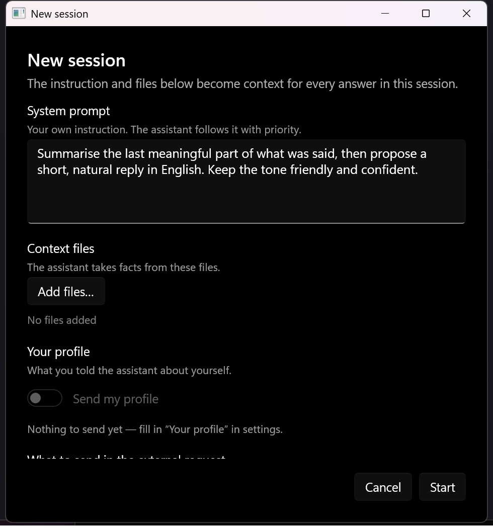 The New session dialog: German in, English out, and an instruction to summarise and propose a reply.