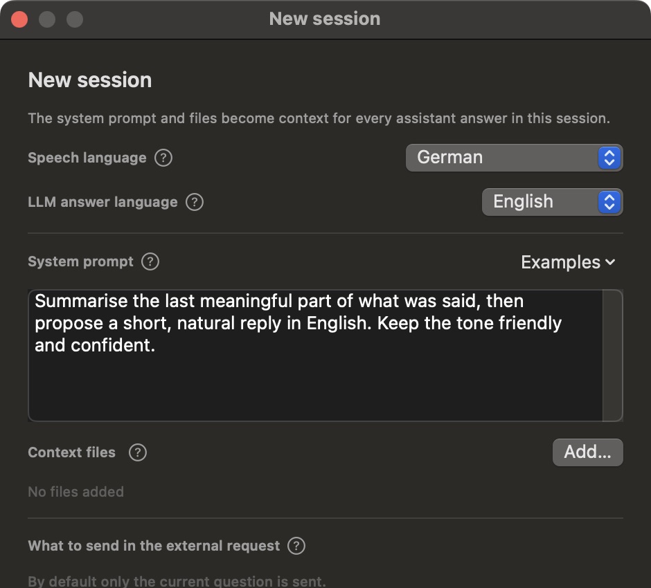 The New session dialog: German in, English out, and an instruction to summarise and propose a reply.