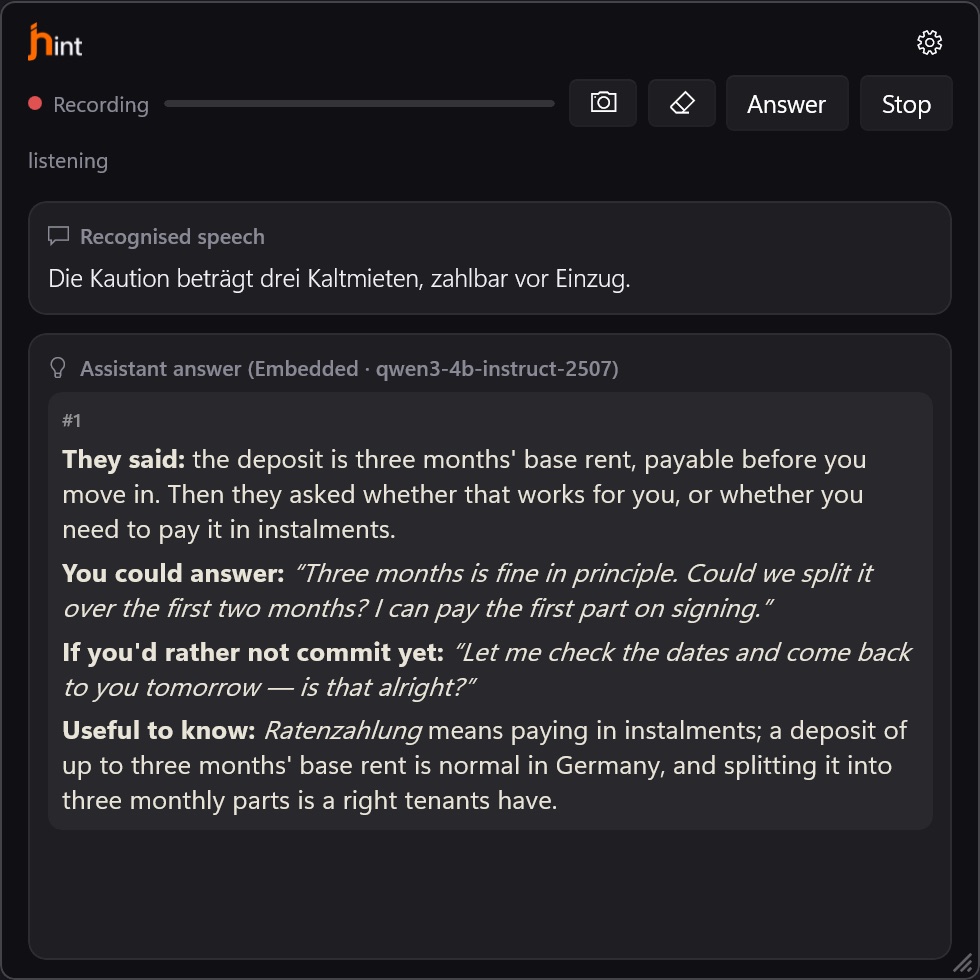 The jhint window: a German sentence about a deposit, summarised in English with a natural reply to say back.