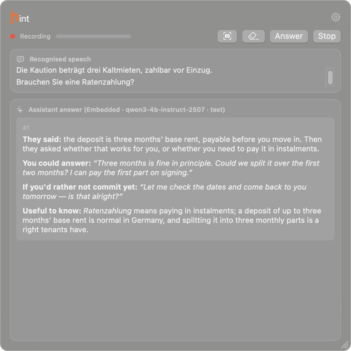 The jhint window: two German sentences about the deposit and instalments, summarised in English, with a reply you could say back and what «Ratenzahlung» means.