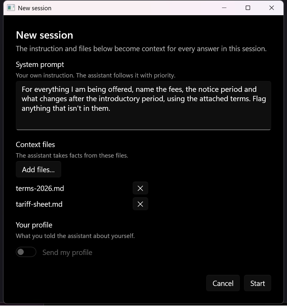 The New session dialog: the terms and tariff sheet attached, with an instruction to name fees, notice periods and what changes after the introductory period.