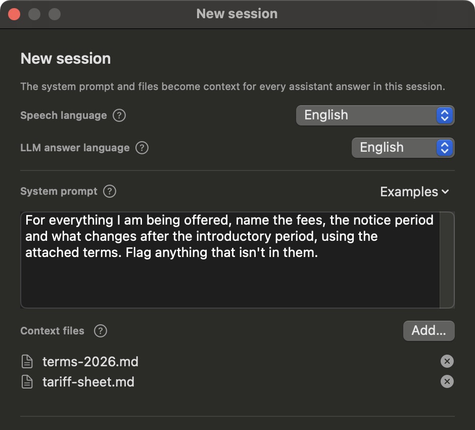 The New session dialog: the terms and tariff sheet attached, with an instruction to name fees, notice periods and what changes after the introductory period.