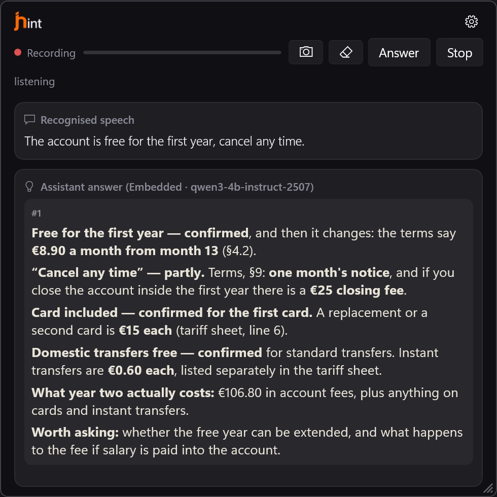 The jhint window during a call with a provider: the fees, notice period and what changes after the first year, pulled from the attached terms.