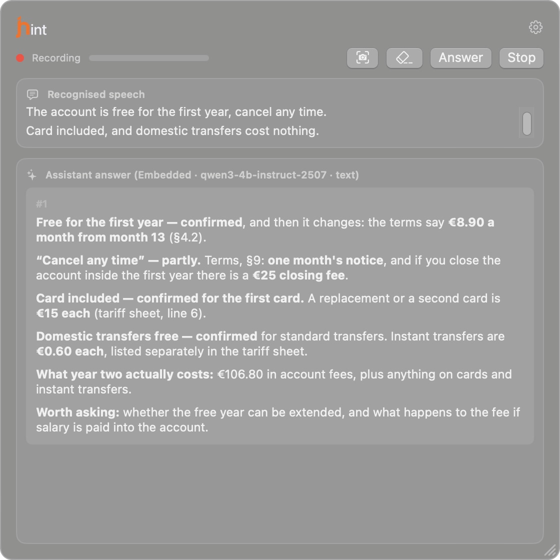 The jhint window during a call with a provider: what is free now, what starts costing €8.90 in month 13, the notice period and the card fees — each with the paragraph of the attached terms it comes from.