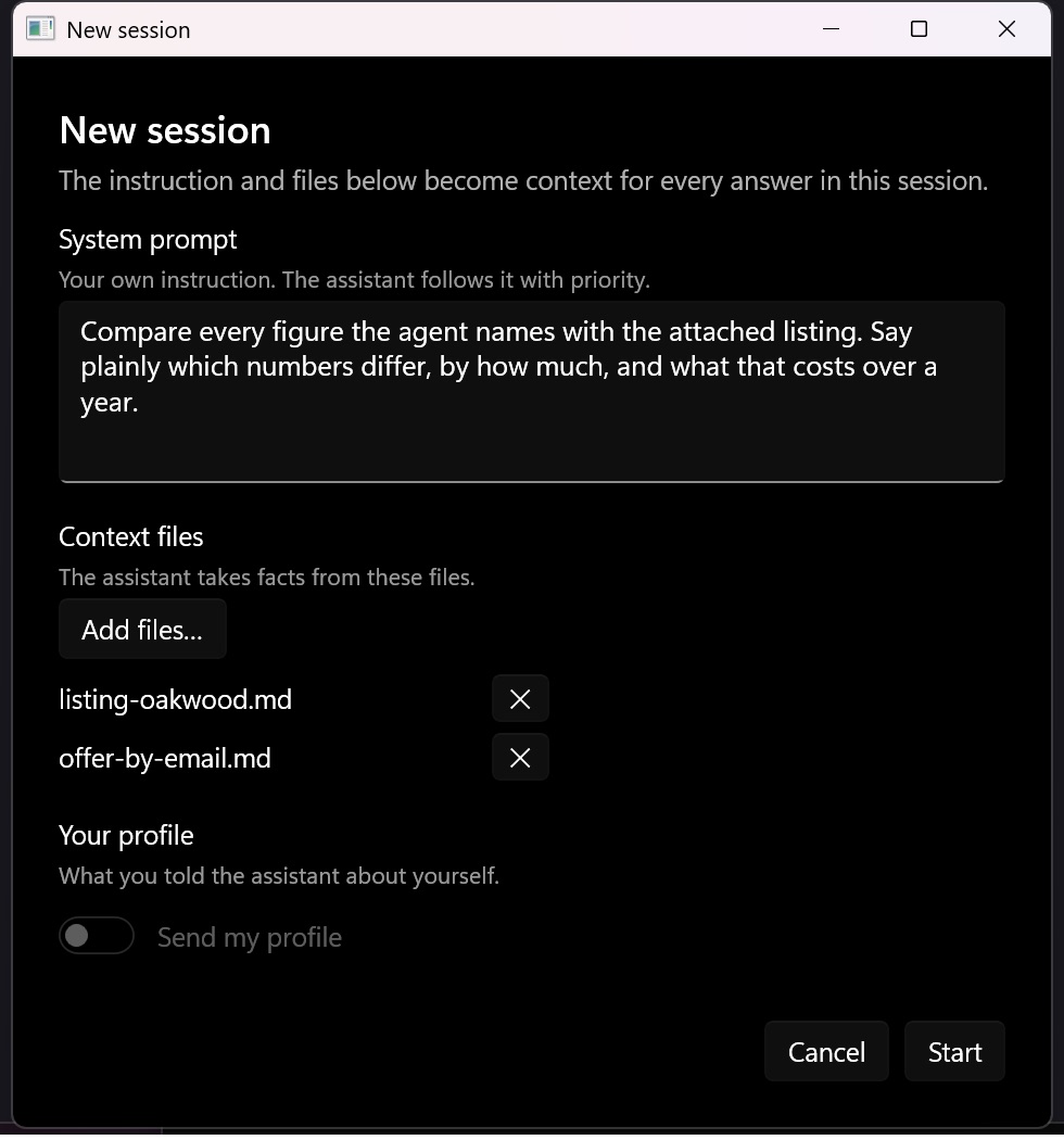 The New session dialog: German in, English out, the listing attached, and an instruction to compare every figure with it.