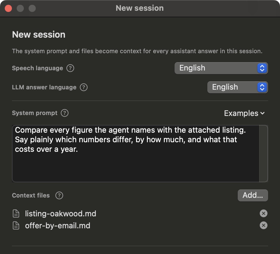 The New session dialog: German in, English out, the listing attached, and an instruction to compare every figure with it.